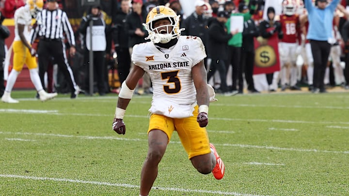 Nov 1, 2025; Ames, Iowa, USA;  Arizona State Sun Devils running back Raleek Brown (3) celebrates during their game with the Iowa State Cyclones at Jack Trice Stadium. Mandatory Credit: Reese Strickland-Imagn Images