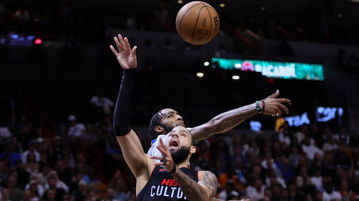 Apr 10, 2024; Miami, Florida, USA; Dallas Mavericks forward Derrick Jones Jr. (55) blocks a shot