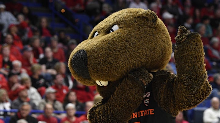 Mar 25, 2018; Lexington, KY, USA; The Oregon State Beavers mascot performs during the second half against the Louisville Cardinals in the championship game of the Lexington regional of the women's basketball 2018 NCAA Tournament at Rupp Arena. Louisville defeated Oregon State 76-43. Mandatory Credit: Jamie Rhodes-Imagn Images Mar 25, 2018; Lexington, KY, USA; The Oregon State Beavers mascot performs during the second half against the Louisville Cardinals in the championship game of the Lexington regional of the women's basketball 2018 NCAA Tournament at Rupp Arena. Louisville defeated Oregon State 76-43. Mandatory Credit: Jamie Rhodes-Imagn Images