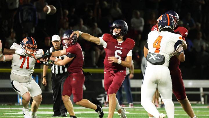 Tabor Academy quarterback Peter Bourque against Milton Academy during their game on Friday, Sept. 26, 2025.