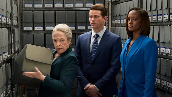 “Who Are You?” -- CBS Original Series MATLOCK, scheduled to air on Thursday, April 23 (9:01-11:00 PM, ET/PT). Pictured (L-R): Kathy Bates as “Madeline Matlock,” Jason Ritter as “Julian Markston” and Skye P. Marshall as “Olympia Lawrence.” Photo: Michael Yarish/CBS ©2026 CBS Broadcasting, Inc. All Rights Reserved.