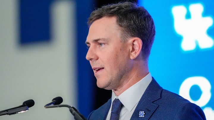 New Kentucky Wildcat head coach Will Stein makes remarks as he is introduced at Kentucky on Wednesday, December 3, 2025