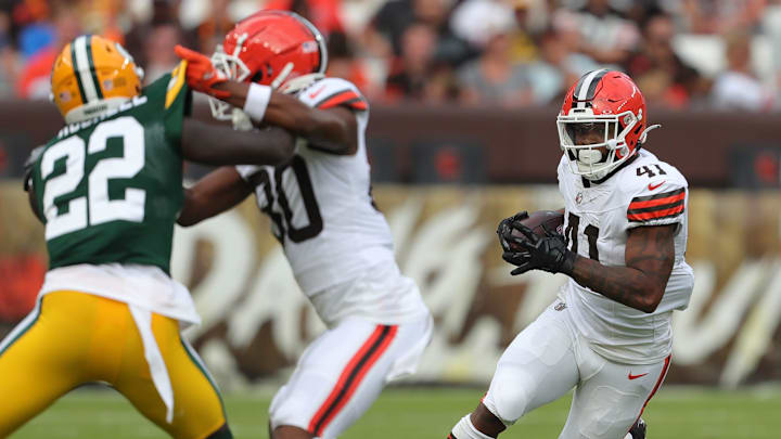 Cleveland Browns running back John Kelly Jr. (41) runs for yards during the second half of an NFL preseason football game at Cleveland Browns Stadium, Saturday, Aug. 10, 2024, in Cleveland, Ohio.