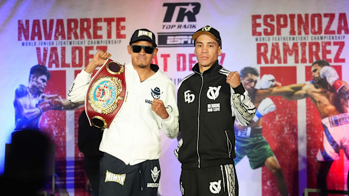 World Junior Lightweight Champion Emanuel Navarrete and challenger Oscar Valdez (right) during an ESPN Top Rank Boxing news conference at Sheraton Phoenix Downtown on Dec. 5, 2024.
