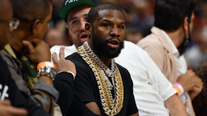Feb 26, 2022; Miami, Florida, USA; Boxer Floyd Mayweather attends the game between the Miami Heat and the San Antonio Spurs at FTX Arena. Mandatory Credit: Jim Rassol-Imagn Images