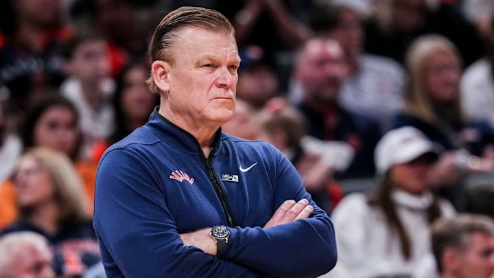 Illinois Fighting Illini head coach Brad Underwood watches the action Friday, March 14, 2025, in a quarterfinals game at the 2025 TIAA Big Ten Tournament between the Maryland Terrapins and the Illinois Fighting Illini at Gainbridge Fieldhouse in Indianapolis.