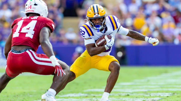 Runningback Harlem Berry 22, LSU Tigers take on the Arkansas Razorbacks. November 15, 2025; Baton Rouge, Louisiana, USA; at Tiger Stadium.