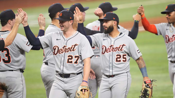 The Detroit Tigers celebrate a win over the Miami Marlins at loanDepot Park. The Detroit Tigers celebrate a win over the Miami Marlins at loanDepot Park.