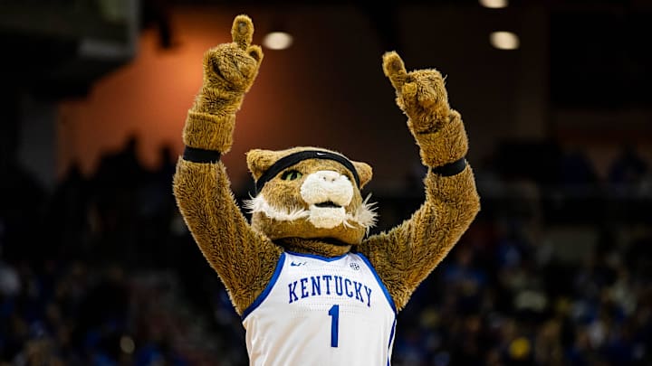 The Wildcats' mascot played to the crowd during Kentucky basketball's Blue-White scrimmage tipped off at Northern Kentucky University on Saturday, Oct. 21, 2023.