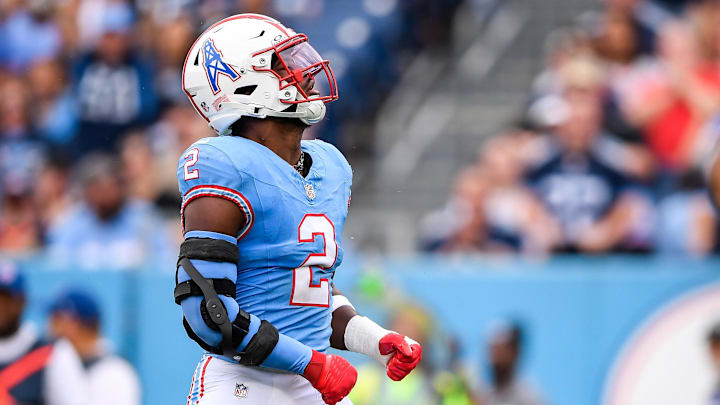 Oct 29, 2023; Nashville, Tennessee, USA;  Tennessee Titans linebacker Azeez Al-Shaair (2) celebrates the sack against the Atlanta Falcons during the first half at Nissan Stadium. Mandatory Credit: Steve Roberts-USA TODAY Sports