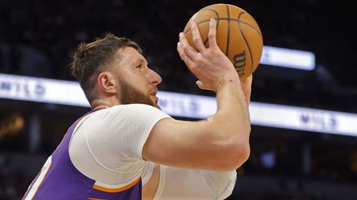 Apr 14, 2024; Minneapolis, Minnesota, USA; Phoenix Suns center Jusuf Nurkic (20) shoots against the Minnesota Timberwolves in the first quarter at Target Center. Mandatory Credit: Bruce Kluckhohn-Imagn Images Apr 14, 2024; Minneapolis, Minnesota, USA; Phoenix Suns center Jusuf Nurkic (20) shoots against the Minnesota Timberwolves in the first quarter at Target Center. Mandatory Credit: Bruce Kluckhohn-Imagn Images