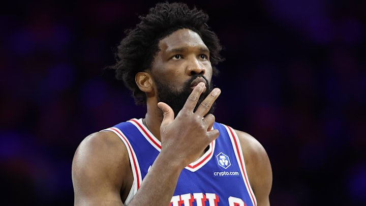 Jan 29, 2026; Philadelphia, Pennsylvania, USA; Philadelphia 76ers center Joel Embiid (21) reacts to his three pointer against the Sacramento Kings during the second quarter at Xfinity Mobile Arena. Jan 29, 2026; Philadelphia, Pennsylvania, USA; Philadelphia 76ers center Joel Embiid (21) reacts to his three pointer against the Sacramento Kings during the second quarter at Xfinity Mobile Arena.