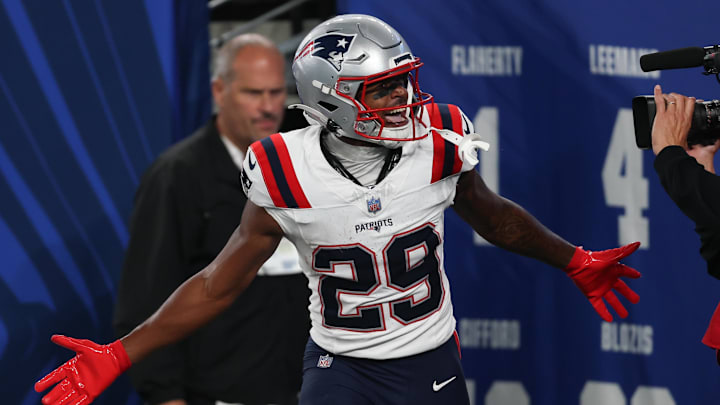 Aug 21, 2025; East Rutherford, New Jersey, USA; New England Patriots wide receiver Jeremiah Webb (29) reacts after scoring a touchdown during the first half against the New York Giants at MetLife Stadium. Mandatory Credit: Vincent Carchietta-Imagn Images Aug 21, 2025; East Rutherford, New Jersey, USA; New England Patriots wide receiver Jeremiah Webb (29) reacts after scoring a touchdown during the first half against the New York Giants at MetLife Stadium. Mandatory Credit: Vincent Carchietta-Imagn Images