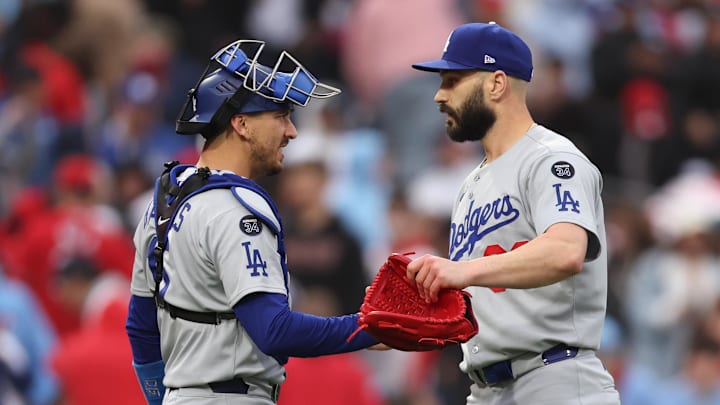 Philadelphia, Pennsylvania, USA; Los Angeles Dodgers pitcher Tanner Scott (66) and catcher Austin Barnes (15) shake hands after a victory against the Philadelphia Phillies at Citizens Bank Park. Philadelphia, Pennsylvania, USA; Los Angeles Dodgers pitcher Tanner Scott (66) and catcher Austin Barnes (15) shake hands after a victory against the Philadelphia Phillies at Citizens Bank Park.