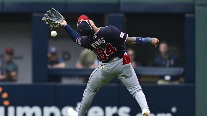 May 27, 2026; Cleveland, Ohio, USA; Washington Nationals second baseman Jorbit Vivas (84) misplays a ball hit by Cleveland Guardians third baseman Daniel Schneemann (not pictured) during the fourth inning at Progressive Field. Mandatory Credit: David Dermer-Imagn Images