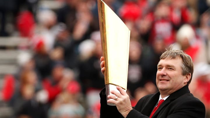 Georgia football coach Kirby Smart during the the national championship celebration at Sanford Stadium in Athens on Jan. 15, 2022. Georgia football coach Kirby Smart during the the national championship celebration at Sanford Stadium in Athens on Jan. 15, 2022.
