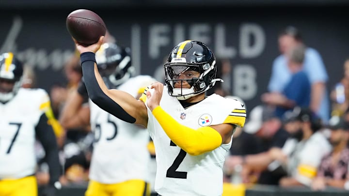 Oct 13, 2024; Paradise, Nevada, USA; Pittsburgh Steelers quarterback Justin Fields (2) warms up before a game against the Las Vegas Raiders at Allegiant Stadium. Mandatory Credit: Stephen R. Sylvanie-Imagn Images