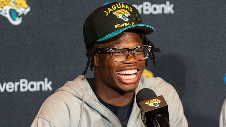The Jacksonville Jaguars first-round pick, Colorado Buffaloes wide receiver and defensive back Travis Hunter answers questions during a press conference Friday, March 25, 2025 at Miller Electric Center in Jacksonville, Fla. [Doug Engle/Florida Times-Union]