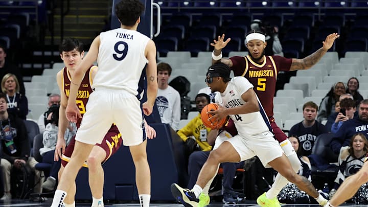 Penn State Nittany Lions guard Kayden Mingo (4) drives toward the basket to make the winning shot against the Minnesota Golden Gophers at Bryce Jordan Center. Penn State Nittany Lions guard Kayden Mingo (4) drives toward the basket to make the winning shot against the Minnesota Golden Gophers at Bryce Jordan Center.