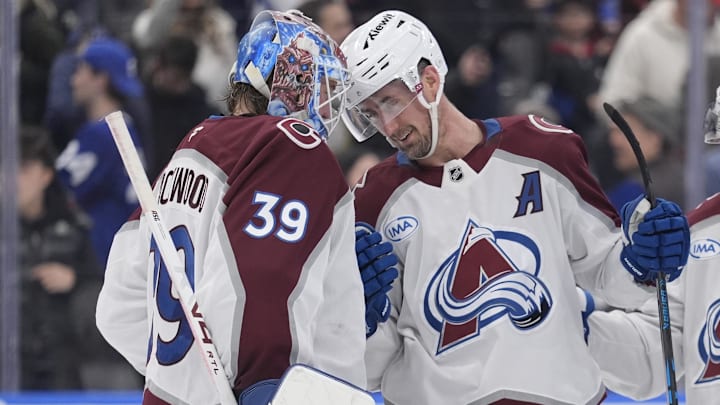 Jan 25, 2026; Toronto, Ontario, CAN; Colorado Avalanche forward Brock Nelson (11) and Colorado Avalanche goaltender MacKenzie Blackwood (39) celebrate a win over the Toronto Maple Leafs at Scotiabank Arena. Mandatory Credit: John E. Sokolowski-Imagn Images Jan 25, 2026; Toronto, Ontario, CAN; Colorado Avalanche forward Brock Nelson (11) and Colorado Avalanche goaltender MacKenzie Blackwood (39) celebrate a win over the Toronto Maple Leafs at Scotiabank Arena. Mandatory Credit: John E. Sokolowski-Imagn Images
