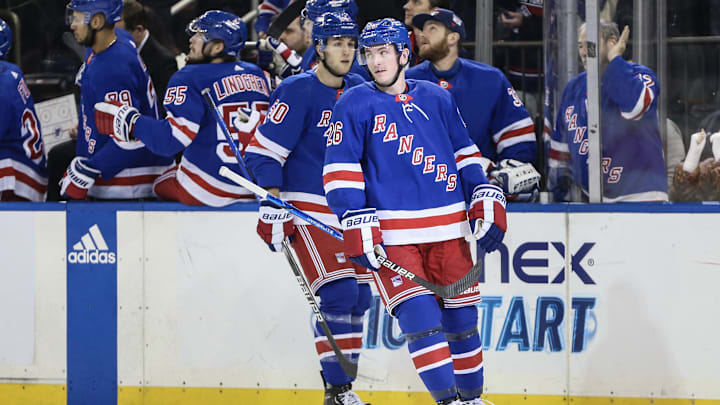 Jan 4, 2024; New York, New York, USA; New York Rangers left wing Jimmy Vesey (26) celebrates with