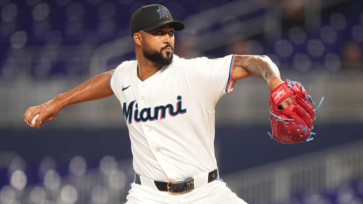 May 5, 2026; Miami, Florida, USA; Miami Marlins pitcher Sandy Alcantara (22) throws against the Baltimore Orioles in the first inning at loanDepot Park. Mandatory Credit: Jim Rassol-Imagn Images