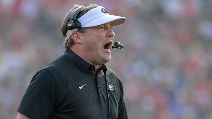 Jan 1, 2018; Pasadena, CA, USA;Georgia Bulldogs head coach Kirby Smart yells out during a game against the Oklahoma Sooners in the 2018 Rose Bowl college football playoff semifinal game at Rose Bowl Stadium. Mandatory Credit: Kirby Lee-Imagn Images Jan 1, 2018; Pasadena, CA, USA;Georgia Bulldogs head coach Kirby Smart yells out during a game against the Oklahoma Sooners in the 2018 Rose Bowl college football playoff semifinal game at Rose Bowl Stadium. Mandatory Credit: Kirby Lee-Imagn Images