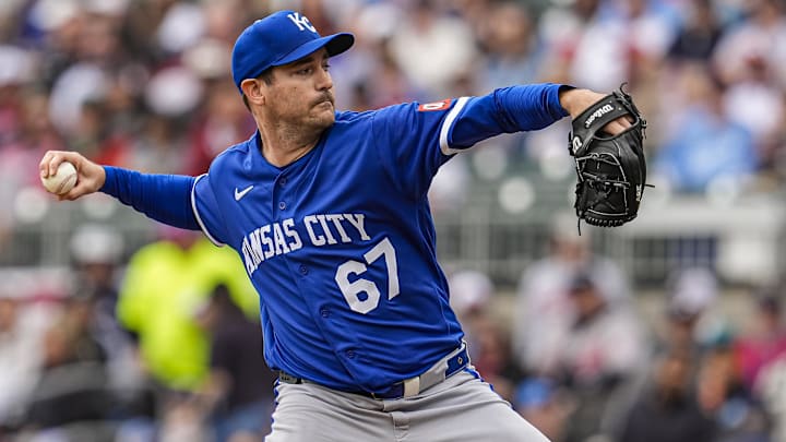 Mar 29, 2026; Cumberland, Georgia, USA; Kansas City Royals pitcher Seth Lugo (67) pitches against the Atlanta Braves during the first inning at Truist Park. Mandatory Credit: Dale Zanine-Imagn Images