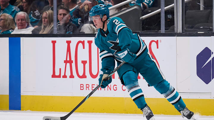 Oct 20, 2024; San Jose, California, USA; San Jose Sharks center Will Smith (2) controls the puck against the Colorado Avalanche during the first period at SAP Center at San Jose. Mandatory Credit: Robert Edwards-Imagn Images Oct 20, 2024; San Jose, California, USA; San Jose Sharks center Will Smith (2) controls the puck against the Colorado Avalanche during the first period at SAP Center at San Jose. Mandatory Credit: Robert Edwards-Imagn Images