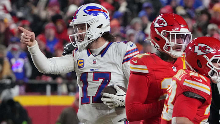 Buffalo Bills quarterback Josh Allen (17) reacts after a first down against the Kansas City Chiefs 