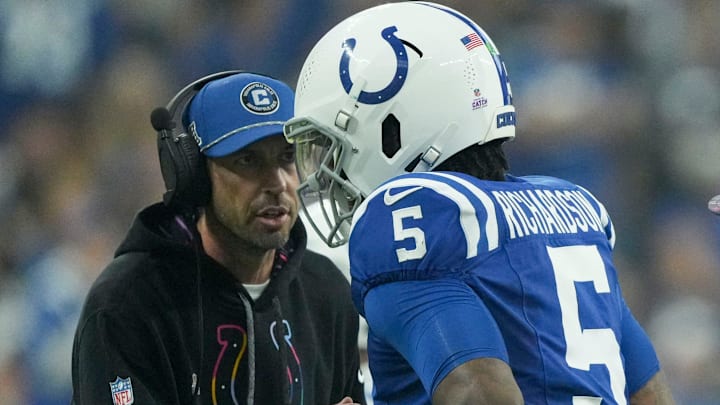 Indianapolis Colts quarterback Anthony Richardson (5) talks with Indianapolis Colts Shane Steichen on Sunday, Sept. 29, 2024, during a game against the Pittsburgh Steelers at Lucas Oil Stadium in Indianapolis. Indianapolis Colts quarterback Anthony Richardson (5) talks with Indianapolis Colts Shane Steichen on Sunday, Sept. 29, 2024, during a game against the Pittsburgh Steelers at Lucas Oil Stadium in Indianapolis.