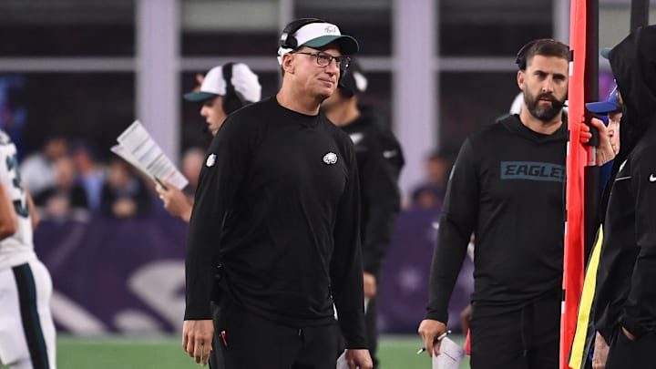 Aug 15, 2024; Foxborough, MA, USA; Philadelphia Eagles quarterbacks coach Doug Nussmeier works on the sideline during the first half against the New England Patriots at Gillette Stadium. Mandatory Credit: Eric Canha-Imagn Images