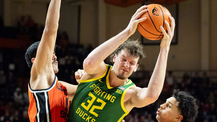 Oregon center Nate Bittle presses toward the basket as the Oregon State Beavers host the Oregon Ducks Thursday, Nov. 21, 2024 at Gill Coliseum in Corvallis, Ore.
