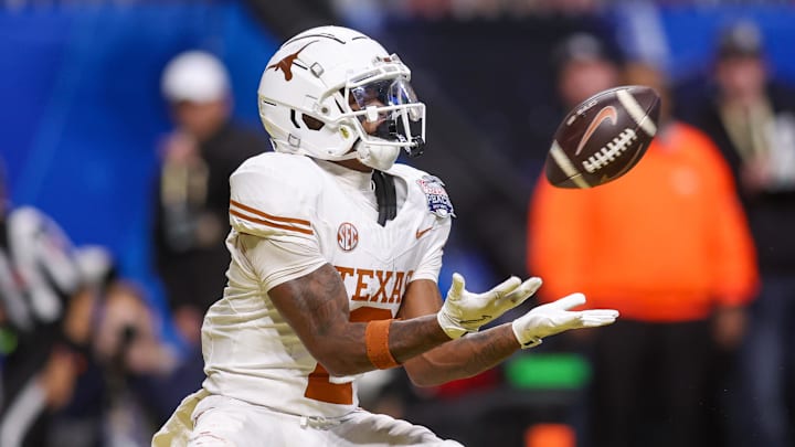 Jan 1, 2025; Atlanta, GA, USA; Texas Longhorns wide receiver Matthew Golden (2) catches a pass for a touchdown against the Arizona State Sun Devils in overtime at Mercedes-Benz Stadium. Mandatory Credit: Brett Davis-Imagn Images