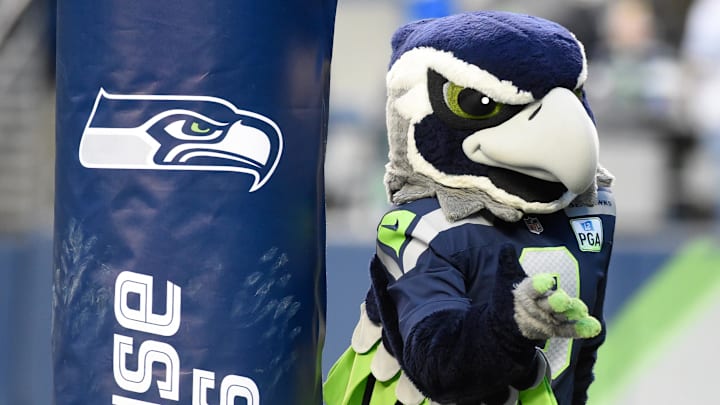Seattle Seahawks mascot Blitz performs during a football game against the San Francisco 49ers. Seattle Seahawks mascot Blitz performs during a football game against the San Francisco 49ers.
