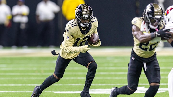 Sep 7, 2025; New Orleans, Louisiana, USA; New Orleans Saints wide receiver Chris Olave (12) against the Arizona Cardinals during the second half at Caesars Superdome. Mandatory Credit: Stephen Lew-Imagn Images