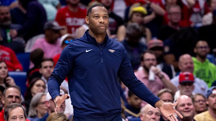 Oct 23, 2024; New Orleans, Louisiana, USA;  New Orleans Pelicans head coach Willie Green looks on against the Chicago Bulls during the first half at Smoothie King Center.