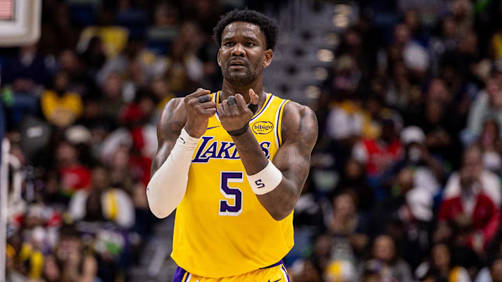 Jan 6, 2026; New Orleans, Louisiana, USA;  Los Angeles Lakers center DeAndre Ayton (5) reacts to a play against the New Orleans Pelicans during the second half at Smoothie King Center. Mandatory Credit: Stephen Lew-Imagn Images