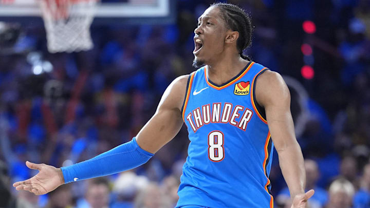 Jun 22, 2025; Oklahoma City, Oklahoma, USA; Oklahoma City Thunder forward Jalen Williams (8) reacts after a play against the Indiana Pacers during the second half of game seven of the 2025 NBA Finals at Paycom Center. Mandatory Credit: Kyle Terada-Imagn Images
