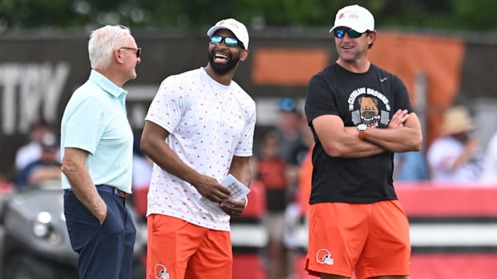 Jul 28, 2025; Berea, OH, USA; Cleveland Browns managing and principal partner Jimmy Haslam, left, and executive vice president, football operations & general manager Andrew Berry, middle, and executive vice president, partner JW Johnson watch during training camp at CrossCountry Mortgage Campus. Mandatory Credit: Ken Blaze-Imagn Images Jul 28, 2025; Berea, OH, USA; Cleveland Browns managing and principal partner Jimmy Haslam, left, and executive vice president, football operations & general manager Andrew Berry, middle, and executive vice president, partner JW Johnson watch during training camp at CrossCountry Mortgage Campus. Mandatory Credit: Ken Blaze-Imagn Images