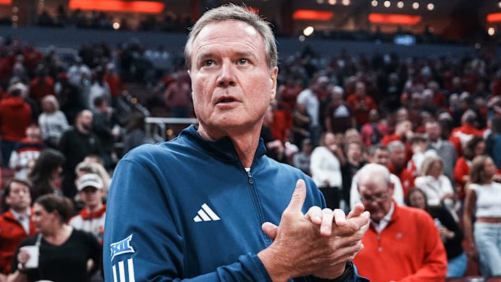 Kansas Jayhawks coach Bill Self during the exhibition basketball game with the Louisville Cardinals at the KFC Yum! Center in Louisville, Kentucky Friday, October 24, 2025.