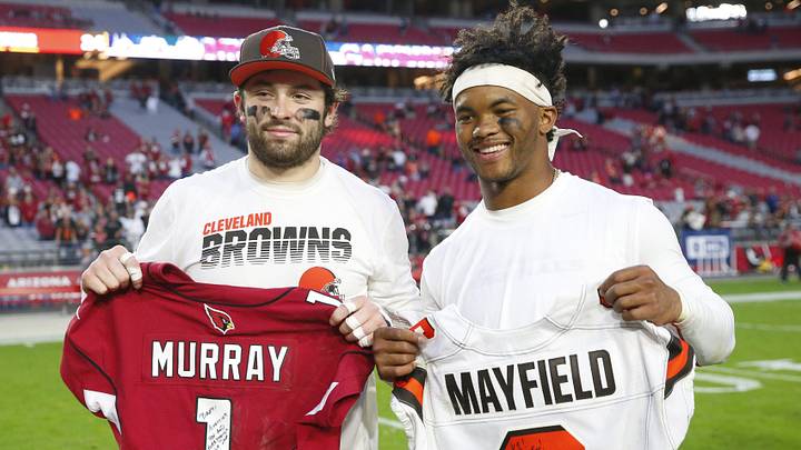 Cleveland Browns quarterback Baker Mayfield (left) and Arizona Cardinals quarterback Kyler Murray exchange jerseys after the Arizona Cardinals won 38-24 at State Farm Stadium on Dec. 15, 2019.
