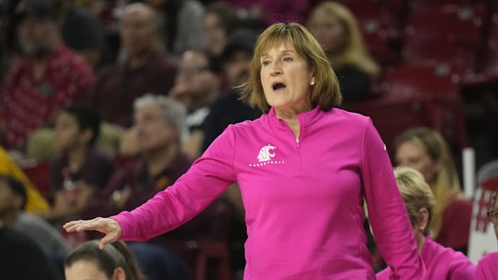 Washington State head coach Kamie Ethridge directs her team against Arizona State during Pac-12 play at Desert Financial Arena on Feb. 18, 2024.