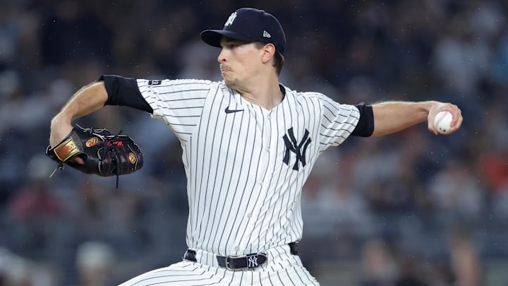 Sep 24, 2025; Bronx, New York, USA; New York Yankees starting pitcher Max Fried (54) pitches against the Chicago White Sox during the first inning at Yankee Stadium. Mandatory Credit: Brad Penner-Imagn Images