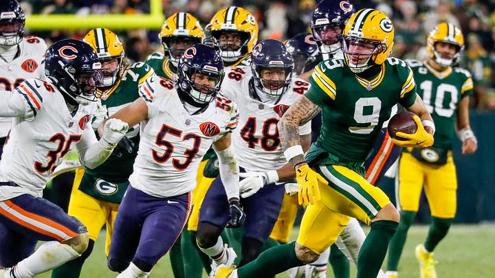 Christian Watson gets free and breaks a long touchdown catch against the Bears in last year's Packers win at Green Bay. Christian Watson gets free and breaks a long touchdown catch against the Bears in last year's Packers win at Green Bay.