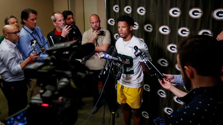 Green Bay Packers wide receiver Matthew Golden is interviewed by the media during rookie minicamp on May 2.
