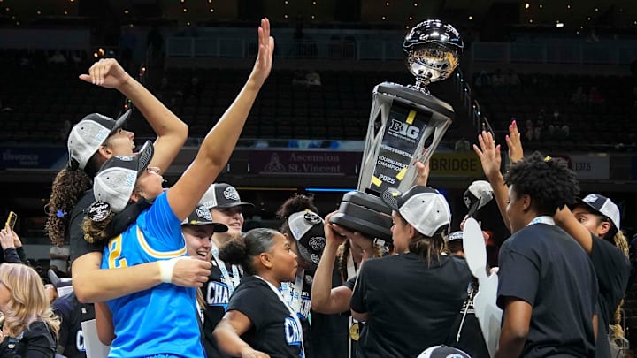 UCLA Bruins players celebrate after defeating the USC Trojans during the 2025 TIAA Big Ten Women's Basketball Tournament final on Sunday, March 9, 2025, at Gainbridge Fieldhouse in Indianapolis. UCLA defeated USC 72-67. UCLA Bruins players celebrate after defeating the USC Trojans during the 2025 TIAA Big Ten Women's Basketball Tournament final on Sunday, March 9, 2025, at Gainbridge Fieldhouse in Indianapolis. UCLA defeated USC 72-67.
