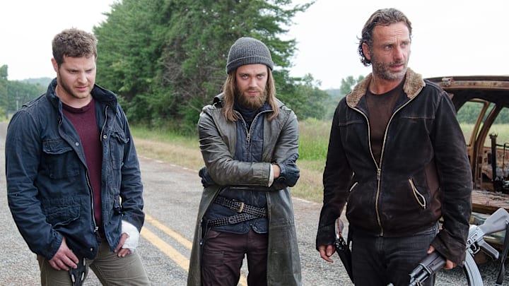 Tom Payne as Jesus, Andrew Lincoln as Rick Grimes, and Jeremy Palko as Andy - The Walking Dead _ Season 6, Episode 12 - Photo Credit: Gene Page/AMC