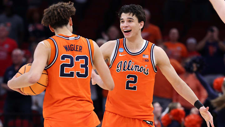 Mar 26, 2026; Houston, TX, USA; Illinois Fighting Illini guard Keaton Wagler (23) and guard Andrej Stojakovic (2) reacts after the game in a Sweet Sixteen game of the South Regional of the men's 2026 NCAA Tournament at Toyota Center. Mandatory Credit: Troy Taormina-Imagn Images Mar 26, 2026; Houston, TX, USA; Illinois Fighting Illini guard Keaton Wagler (23) and guard Andrej Stojakovic (2) reacts after the game in a Sweet Sixteen game of the South Regional of the men's 2026 NCAA Tournament at Toyota Center. Mandatory Credit: Troy Taormina-Imagn Images