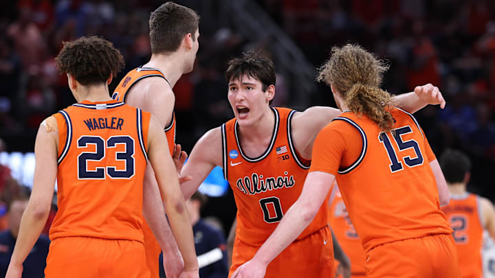 Mar 26, 2026; Houston, TX, USA; Illinois Fighting Illini forward David Mirkovic (0) reacts against the Houston Cougars in the first half during a Sweet Sixteen game of the South Regional of the men's 2026 NCAA Tournament at Toyota Center. Mandatory Credit: Troy Taormina-Imagn Images
